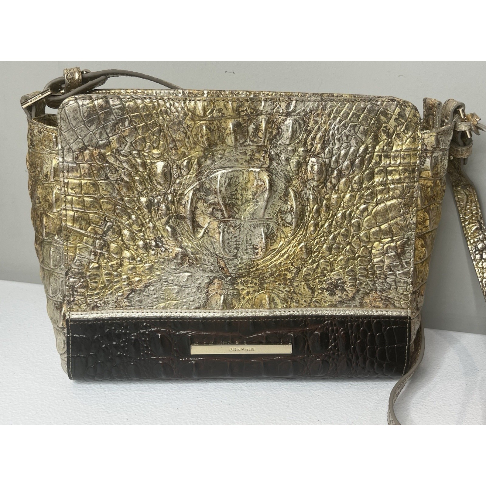 Brahmin Metallic Gold And Dark Brown Croc-Embossed Crossbody.